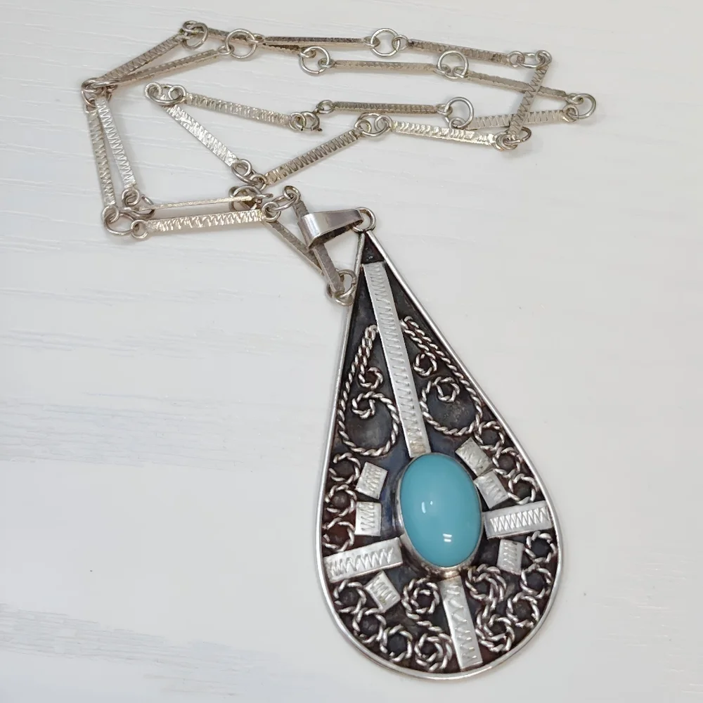 Vintage MEXICO Sterling Silver REYGO Turquoise Tear Drop Pendant Necklace 23.5" - Picture 11 of 12